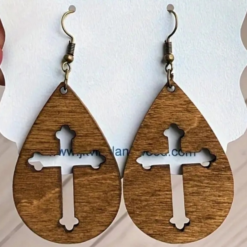 Wooden Teardrop Cross Earrings